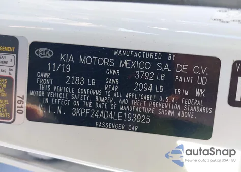 2020 Kia Forte Lxs from USA, damaged, VIN 3KPF24AD4LE193925